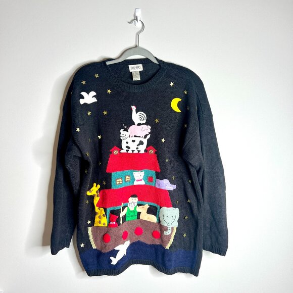 Vintage Skyr Noah's Ark Novelty Granny Core Ugly Sweater Chunky Ramie Blend Sz L - Picture 1 of 3